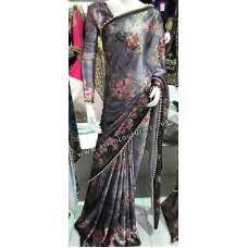 GREY PARTY WEAR FLORAL PRINTED SATIN SAREE