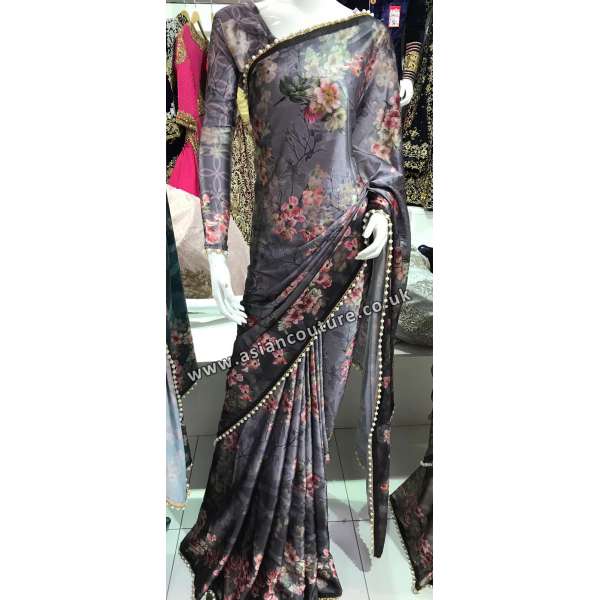 GREY PARTY WEAR FLORAL PRINTED SATIN SAREE