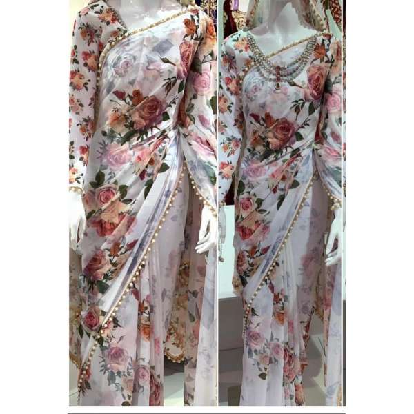 MILKY WHITE FLORAL PRINTED SAREE