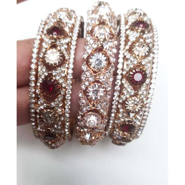 Red White Diamonds Heavy Gold Bangles For Wedding and Parties
