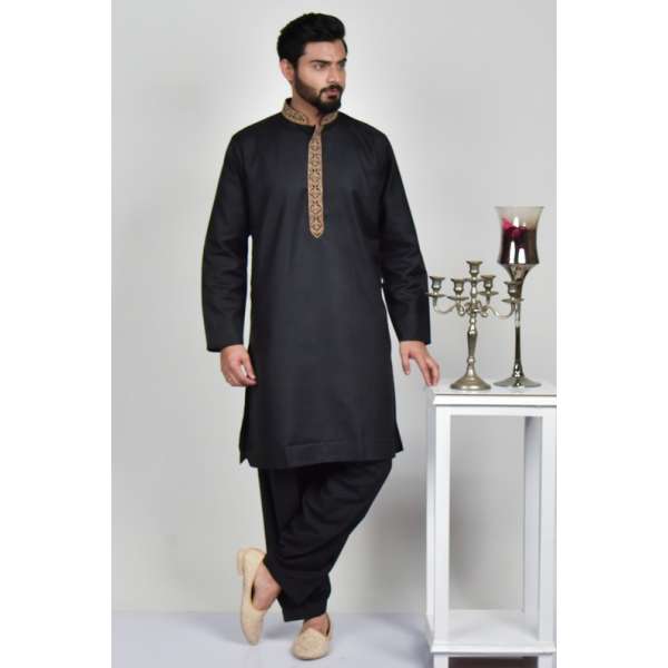 Black Asian Men Embroidered Kurta Shalwar Suit