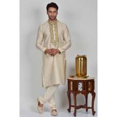 Beige Embroidered Readymade Designer Mens Kurta Pajama