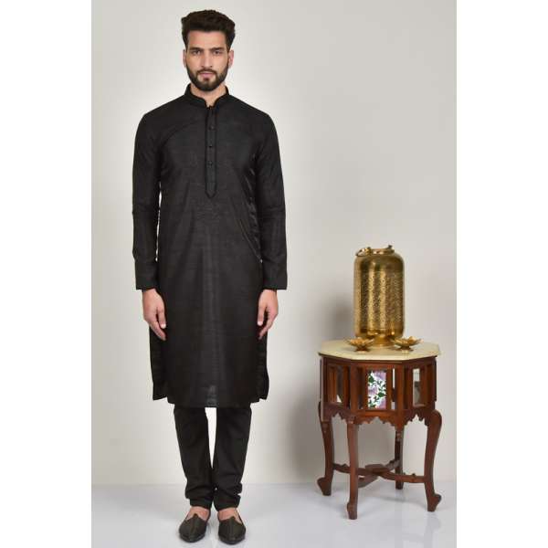 Black Embroidered Kurta With Pajama For Men