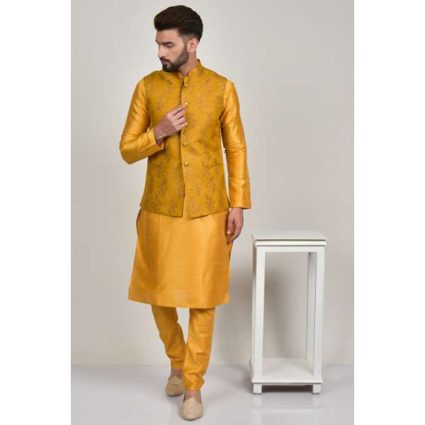 Mustard Jammawar Wedding Wear Mens Waistcoat