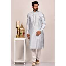 Silver Grey Embroidered Indian Mens Kurta Pajama