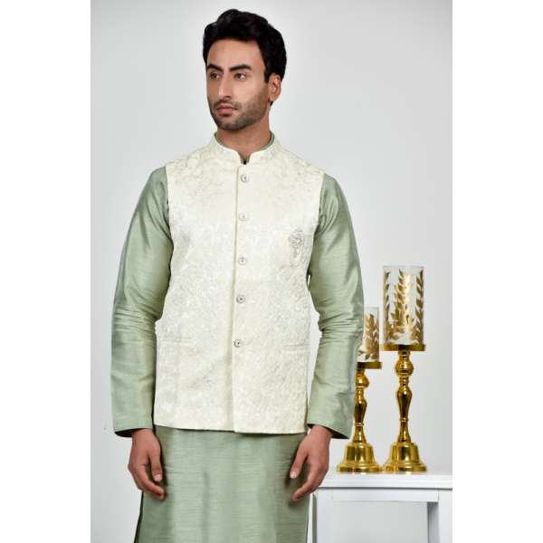 Cream Brocade Pakistani Mens Waistcoat