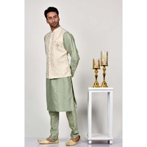 Ivory Pakistani Designer Stitched Nehru Jacket Waistcoat