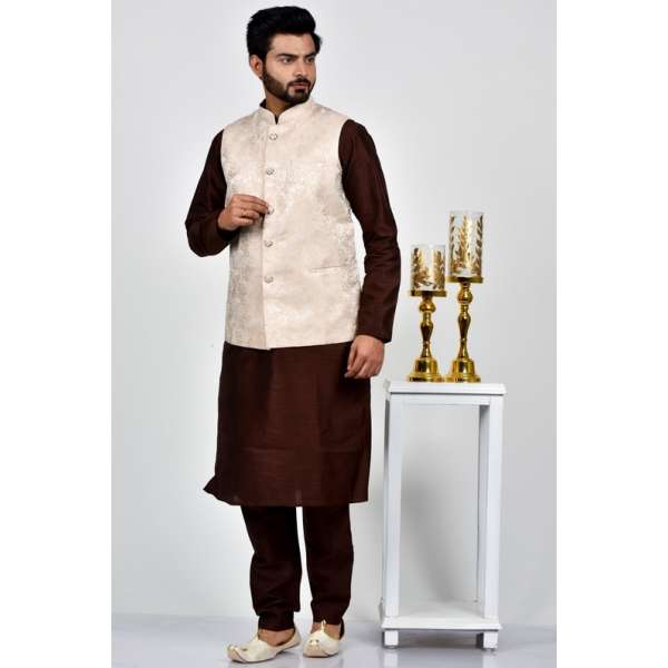 Premium Peach Jammawar Waistcoat for Men
