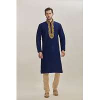 NAVY BLUE POLYESTER EMBROIDERED INDIAN READY MADE KURTA AND PAJAMA