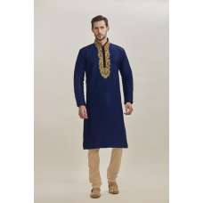 NAVY BLUE POLYESTER EMBROIDERED INDIAN READY MADE KURTA AND PAJAMA