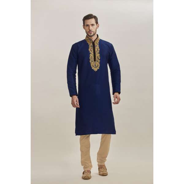 NAVY BLUE POLYESTER EMBROIDERED INDIAN READY MADE KURTA AND PAJAMA
