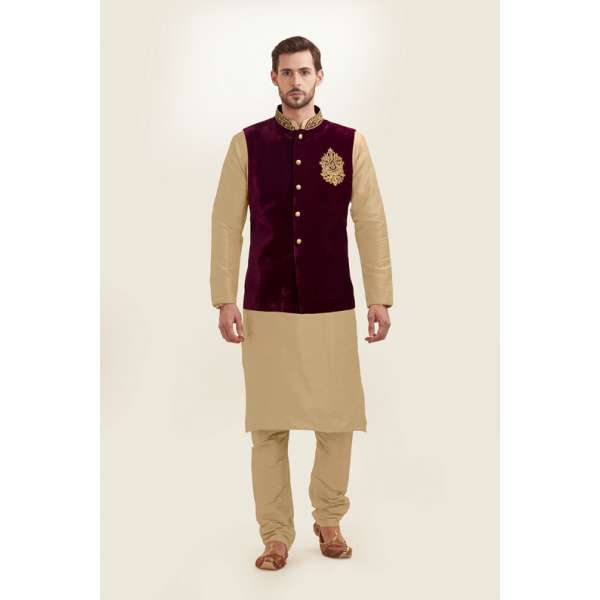 GOLD KURTA AND MAROON NEHRU JACKET WITH PAJAMA READY MADE EID DRESS