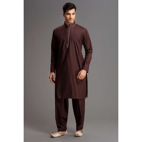 Brown Kurta Shalwar Pakistani Designer Menswear
