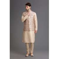 Smart Gold Kurta Pajama With Floral Designer Waistcoat 