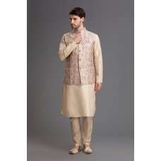 Smart Gold Kurta Pajama With Floral Designer Waistcoat 