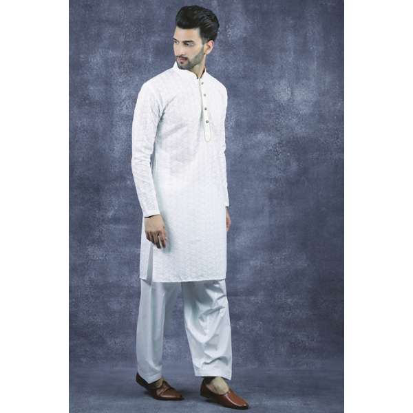 White Pakistani Mens Kurta Pajama Suit