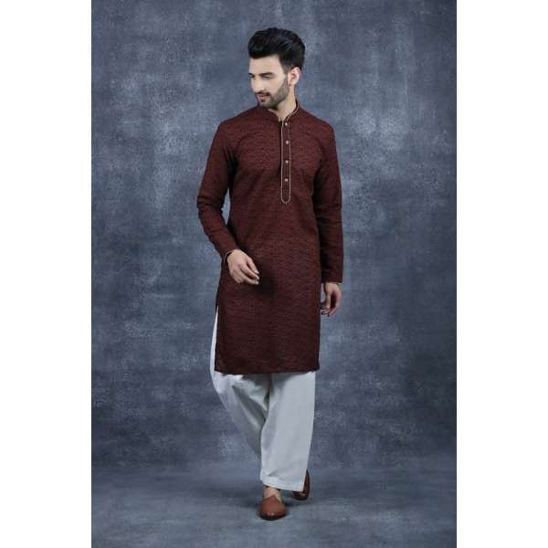 Maroon White Trendy Kurta Shalwar Set for Men