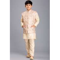 CREAM AND GOLD NEHRU JACKET, KURTA AND PAJAMA BOYS WEAR EID SUIT