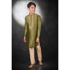 Mehndi & Cream Kurta Pajama Boys Ethnic Suit
