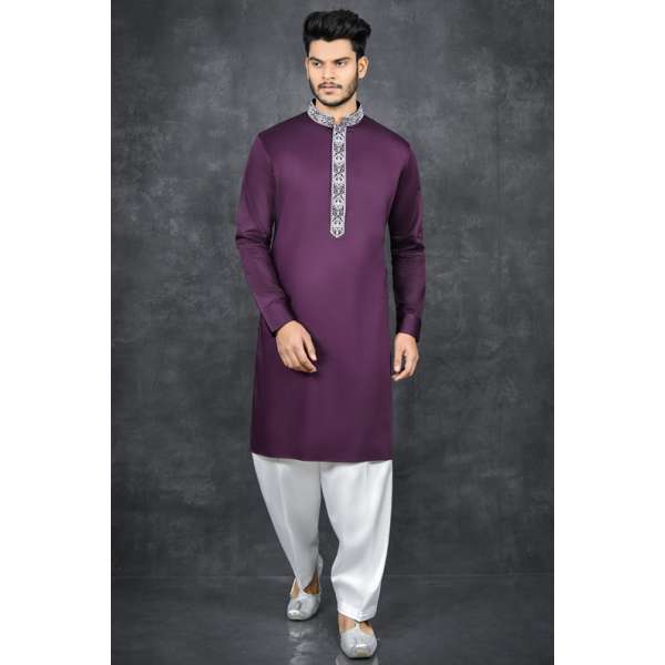 Purple Kurta White Shalwar Mens Party Outfit 