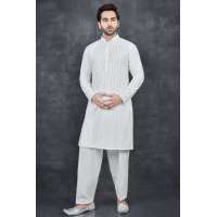 BRILLIANT WHITE CHIKENKARI KURTA AND SHALWAR MEN'S SUIT