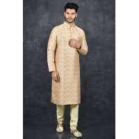 Coral Peach Jacquard Embroidered Ethnic Men’s Readymade Kurta Pajama