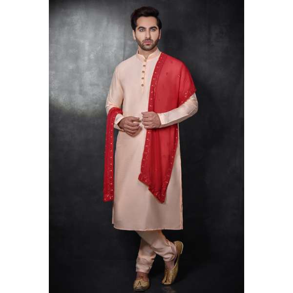 PEACH INDIAN MEN'S WEDDING WEAR KURTA PAJAMA & CONTRAST STOLE