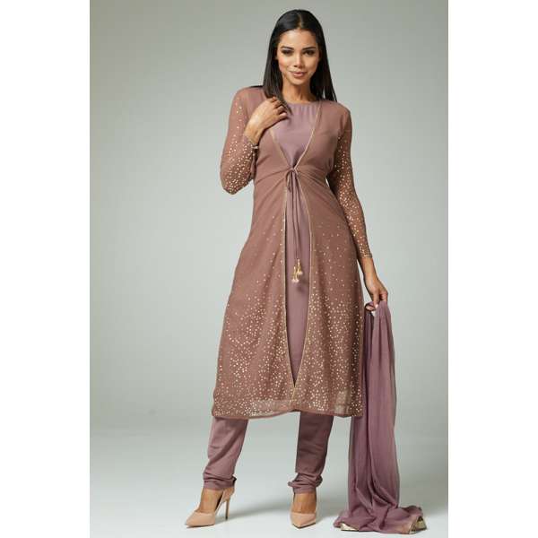 DEEP MAUVE INDIAN WEDDING JACKET STYLE READYMADE DRESS