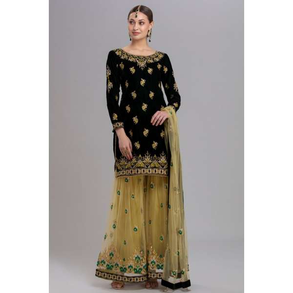 DARK GREEN AND BEIGE INDIAN WEDDING PALAZZO SHARARA DRESS