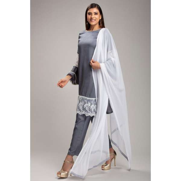 SMOKED GREY PAKISTANI DESIGNER PARTY WEAR SUIT