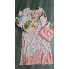 Coral Pink Floral Pakistani Lawn Suit With Floral Shawl
