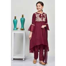 Maroon High Low Circular Girls Party Wear Suit
