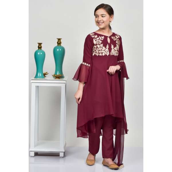 Maroon High Low Circular Girls Party Wear Suit