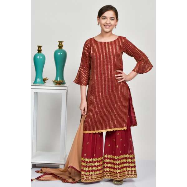 Maroon Indian Designer Sequin Work Girl Party Gharara Suit