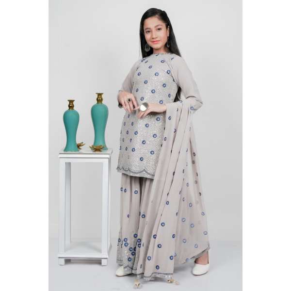 Mouse Grey Kids Designer Party Wear Gharara Suit