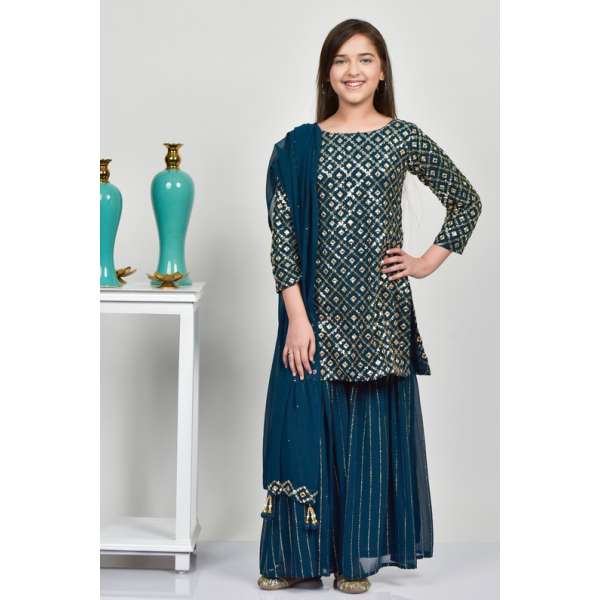 Peacock Blue Indian Wedding Gharara & Kurti For Girls