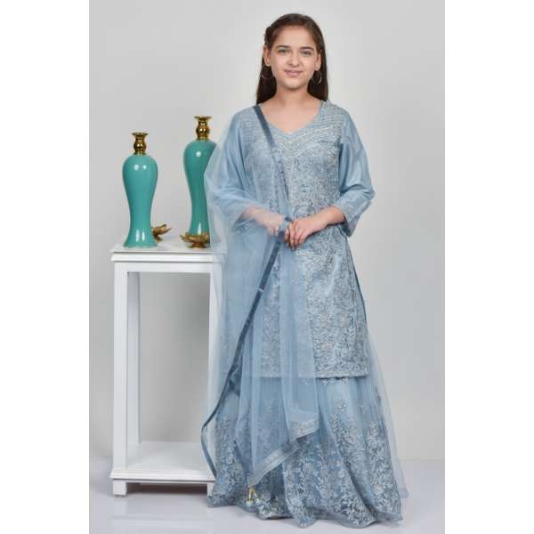 Dusty Blue Embroidered Designer Wedding Girls Lehenga