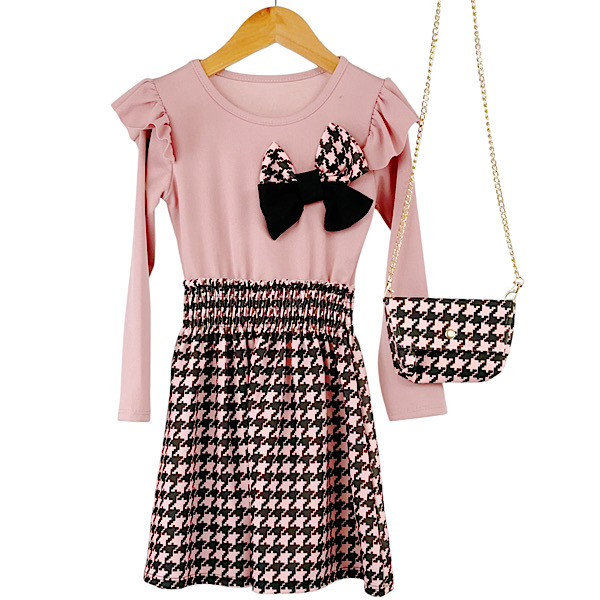Dusty Pink Black Baby Girls Dog tooth Spanish Bow Dress & Bag