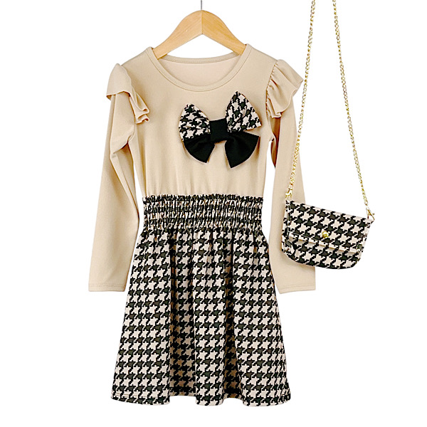 Beige Black Girls Dogtooth Bow Dress with Bag