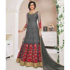 Grey Red Net Indian Designer Anarkali Gown