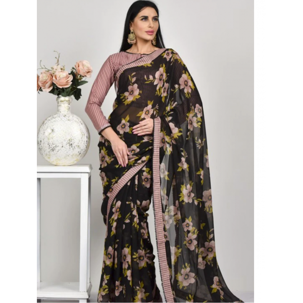 Black Floral Printed Georgette Saree