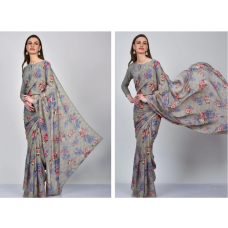 Grey Floral Printed Designer Saree
