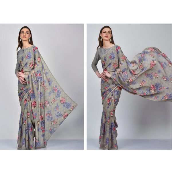Grey Floral Printed Designer Saree