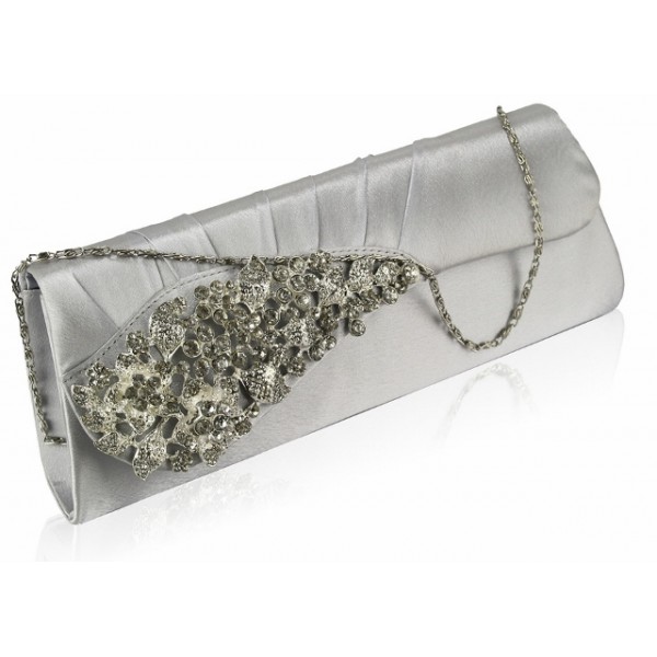 Silver Ruched Satin Clutch/Evening Bag With Crystal Flower