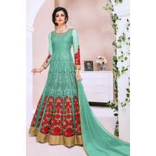 Turquoise Red Net Heavy Embroidered Floral Semi Stitched Anarkali Gown