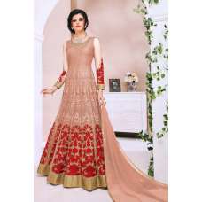 Peach Red Net Heavy Embroidered Floral Anarkali Gown
