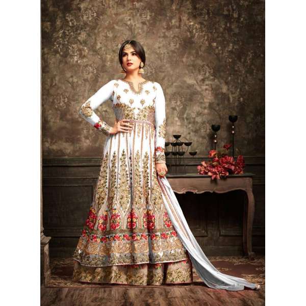 White and Gold Wedding Wear Bridal Gown Anarkali Indian Long Dress