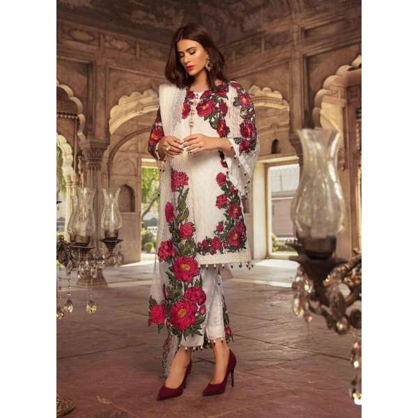 WHITE ROSE MOTIF FOX GEORGETTE PAKISTANI DESIGNER SUIT
