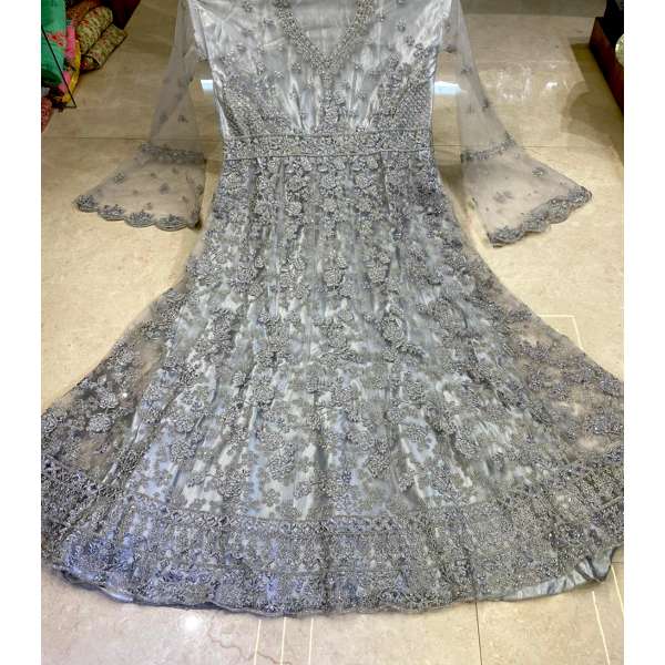 Silver Grey Heavy Embellished & Embroidered Indian Wedding Gown