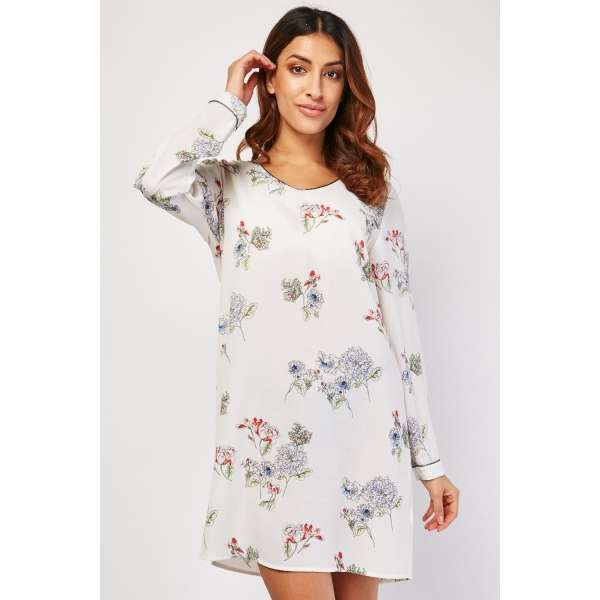White Floral Printed Summer Wear Tunic Dress